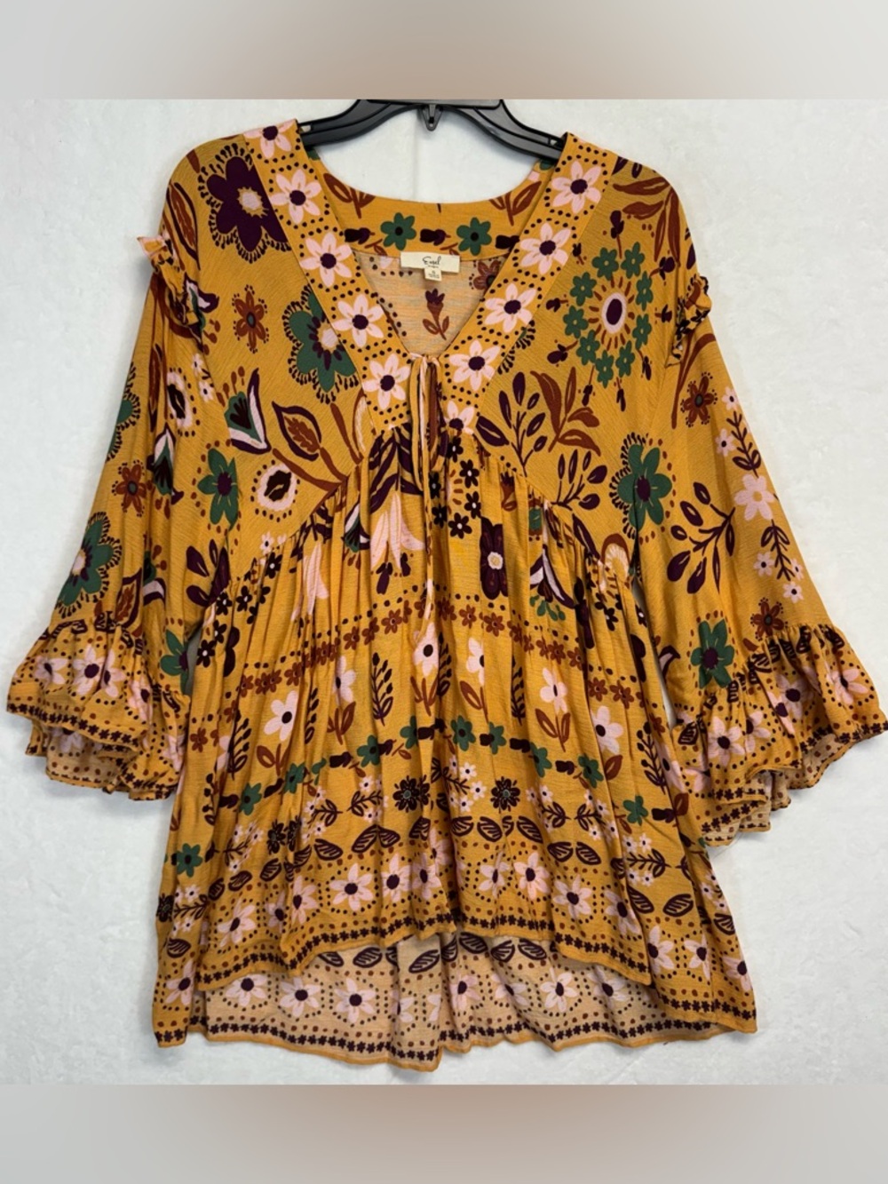 Easel Top Small Hippie Boho Mustard Yellow Festival Wear Floral Babydoll Tunic